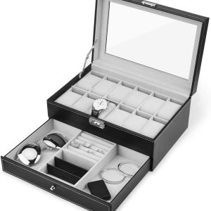 Watch Box, 12 Slots PU Leather Case Organizer with Jewelry Drawer for Storage and Display